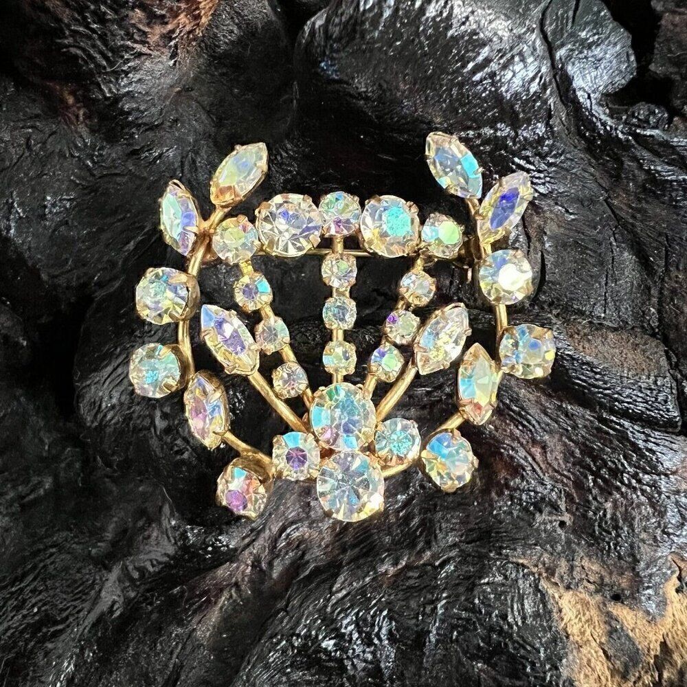Vintage Aurora Borealis AB Wreath Brooch Pin Austrian Crystals Gold Tone Austria